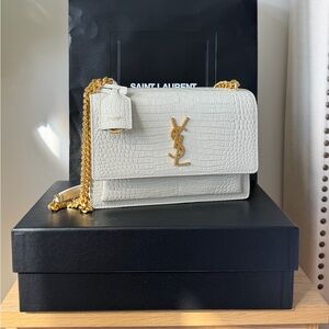 Yves Saint Laurent White Crocodile-Embossed Crossbody Bag